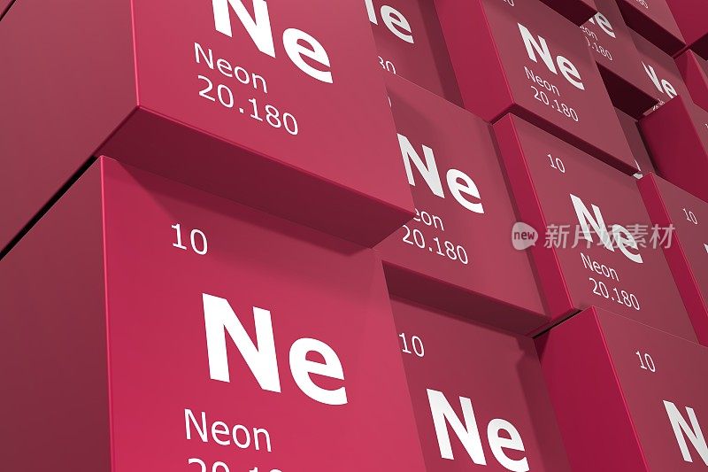Neon, 3D rendering background of cubes of symbols of the elements of the periodic table, atomic number, atomic weight, name and symbol. Education, science and technology. 3D illustration